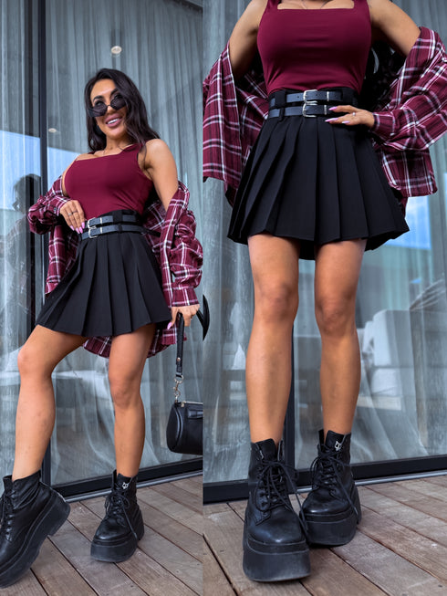 Shorts with Pleats + Double Belt J72 - BLACK PRE-ORDER